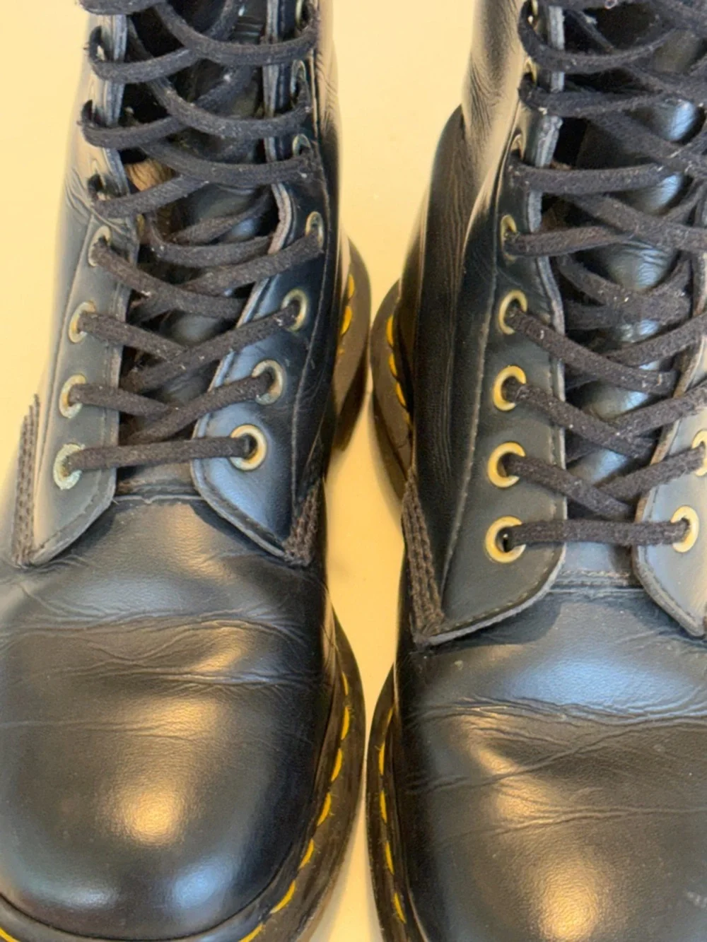 Doc Marten Black Leather Lace-Up Combat Boots with Yellow Stitching 8 - Picture 14 of 15